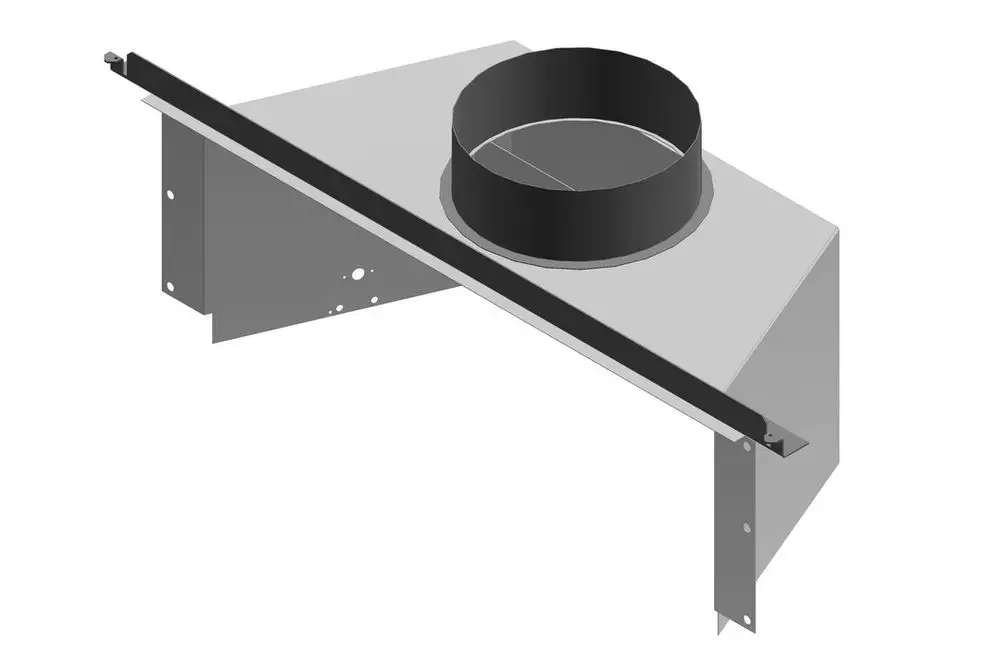 Abgassammler mit runder Öffnung und flachem Gehäuse, aus Metall gefertigt. Entwurf von Bosch, geeignet zur Ableitung von Abgasen in technischen Systemen.